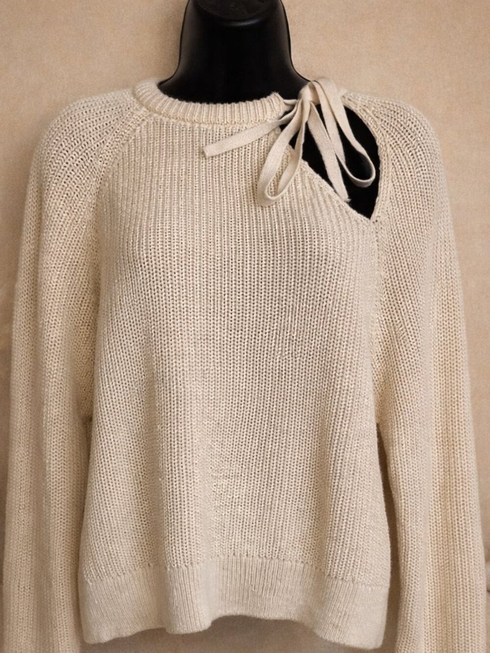 Mango Cream Knit Sweater NWT Shoulder Tie Cutout Relaxed Textured Ribbed Capsule
